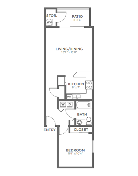 Floor plan for 1 bed, 1 bath, 685 sqft